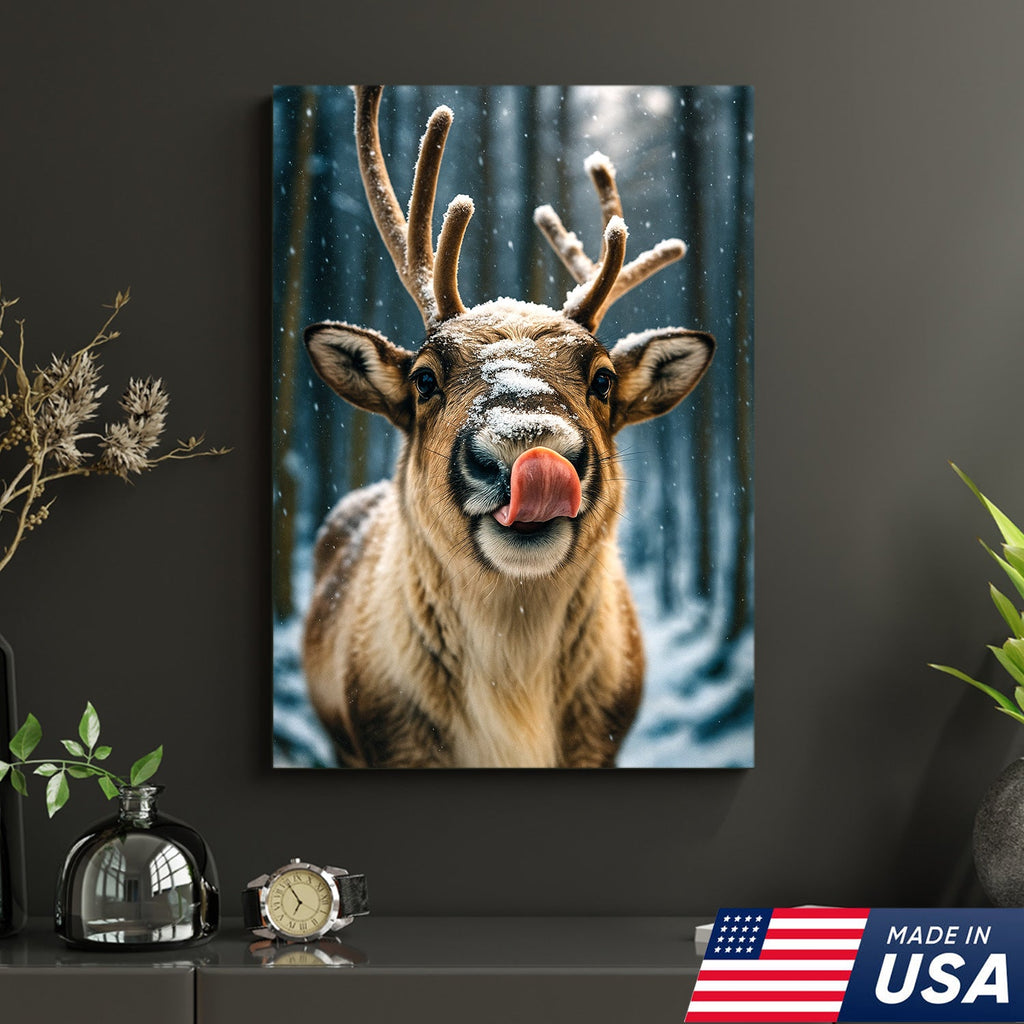 Winter Reindeer Portrait Canvas – Rustic Forest Wall Art for Cabin & Lodge Decor