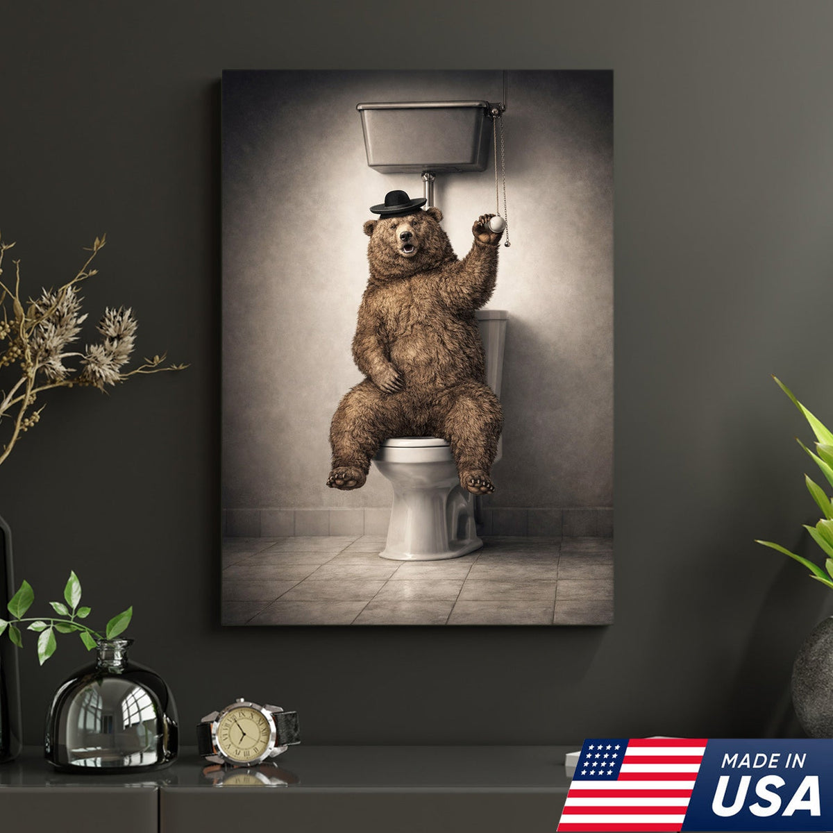 Funny Bear Bathroom Canvas Wall Art – Bear On Toilet Painting