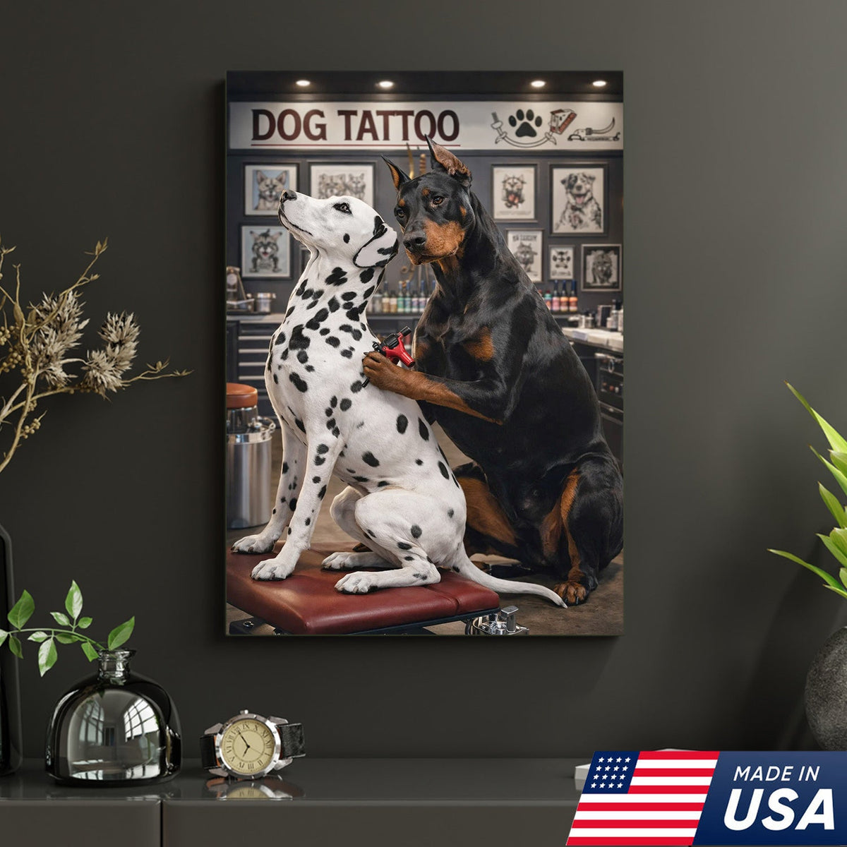 Funny Dog Tattoo Studio Canvas Wall Art, Doberman Tattoo Artist with Dalmatian Client