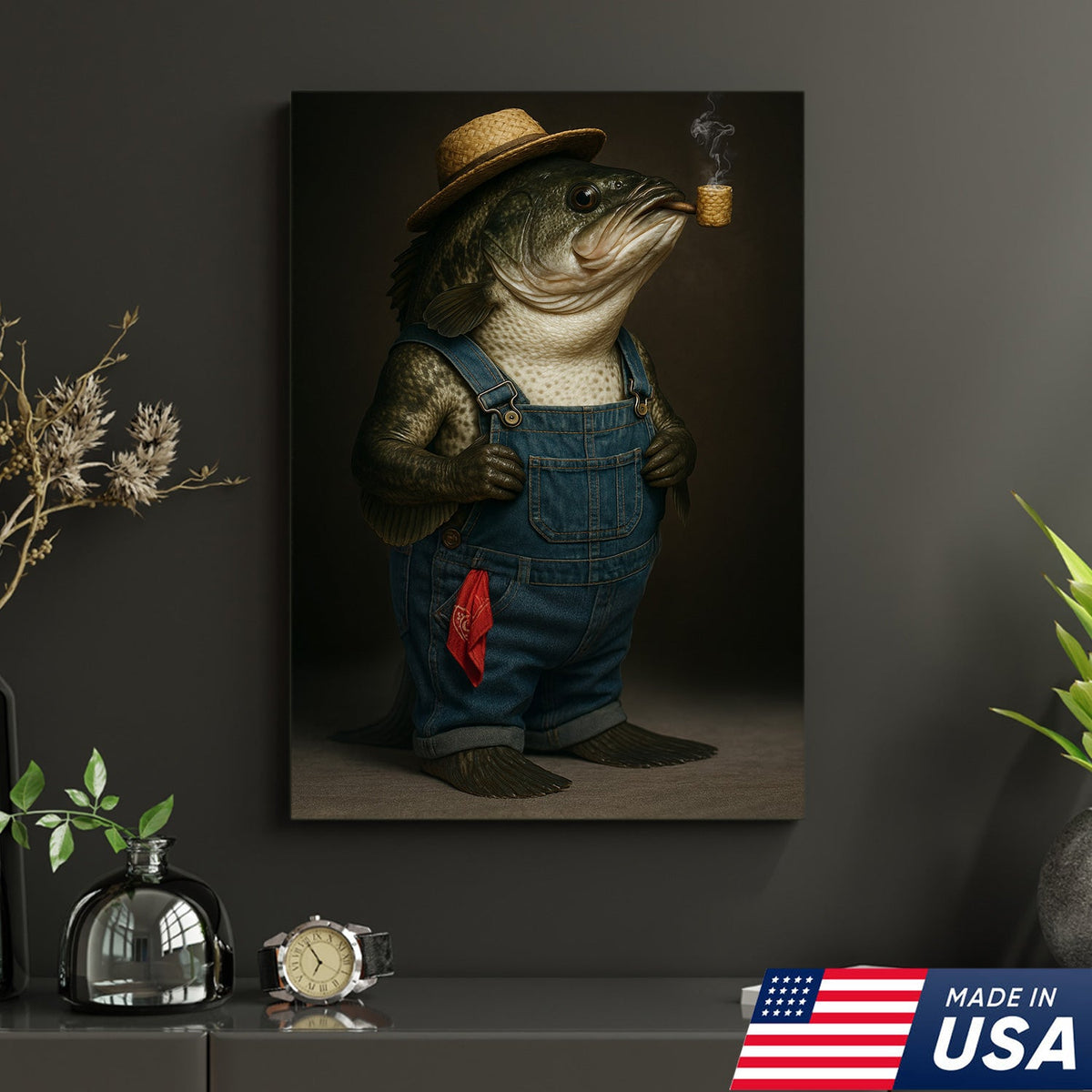 Funny Fisherman Bass Canvas, Rustic Fishing Wall Art, Humorous Country Fish Lover Decor