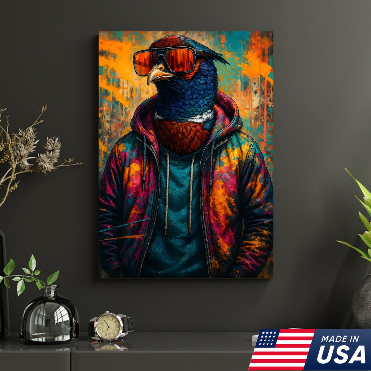 Cool Pheasant Wall Art – Hipster Bird in Hoodie Canvas Print, Urban Street Style Home Decor Gift