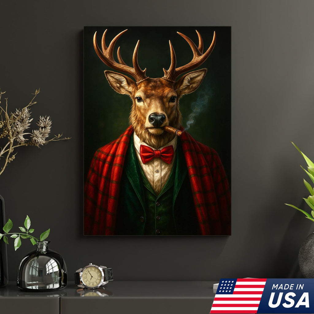Smoking Deer Wall Art, Gentleman Buck Portrait, Rustic Cabin Decor, Funny Cigar Deer Print