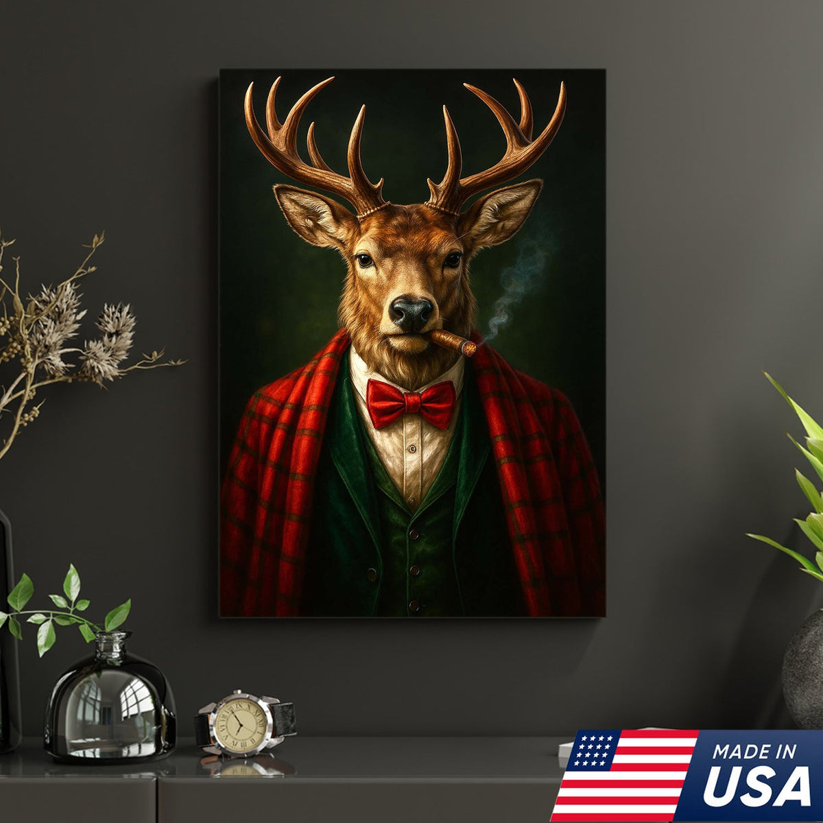 Smoking Deer Wall Art, Gentleman Buck Portrait, Rustic Cabin Decor, Funny Cigar Deer Print