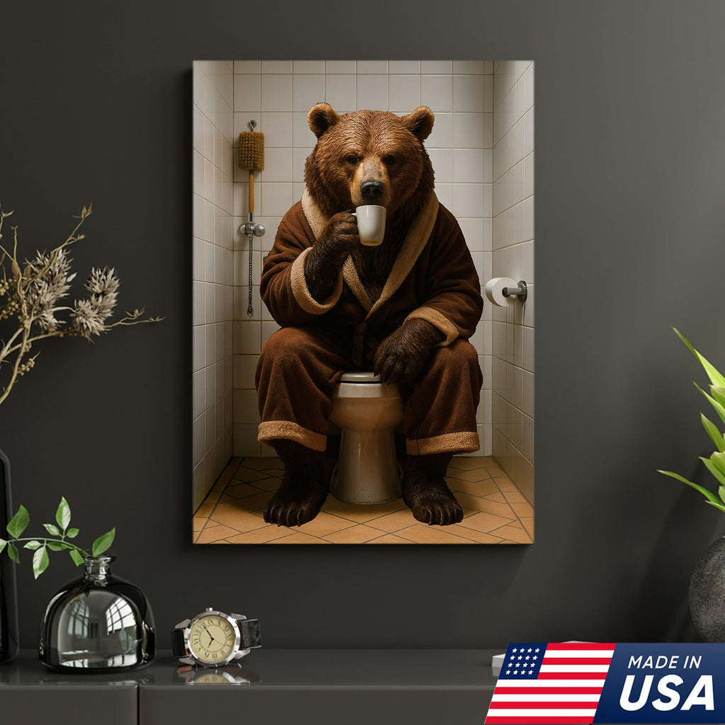 Hilarious Bear Toilet Canvas Wall Art – Morning Coffee, Quirky Bathroom Humor