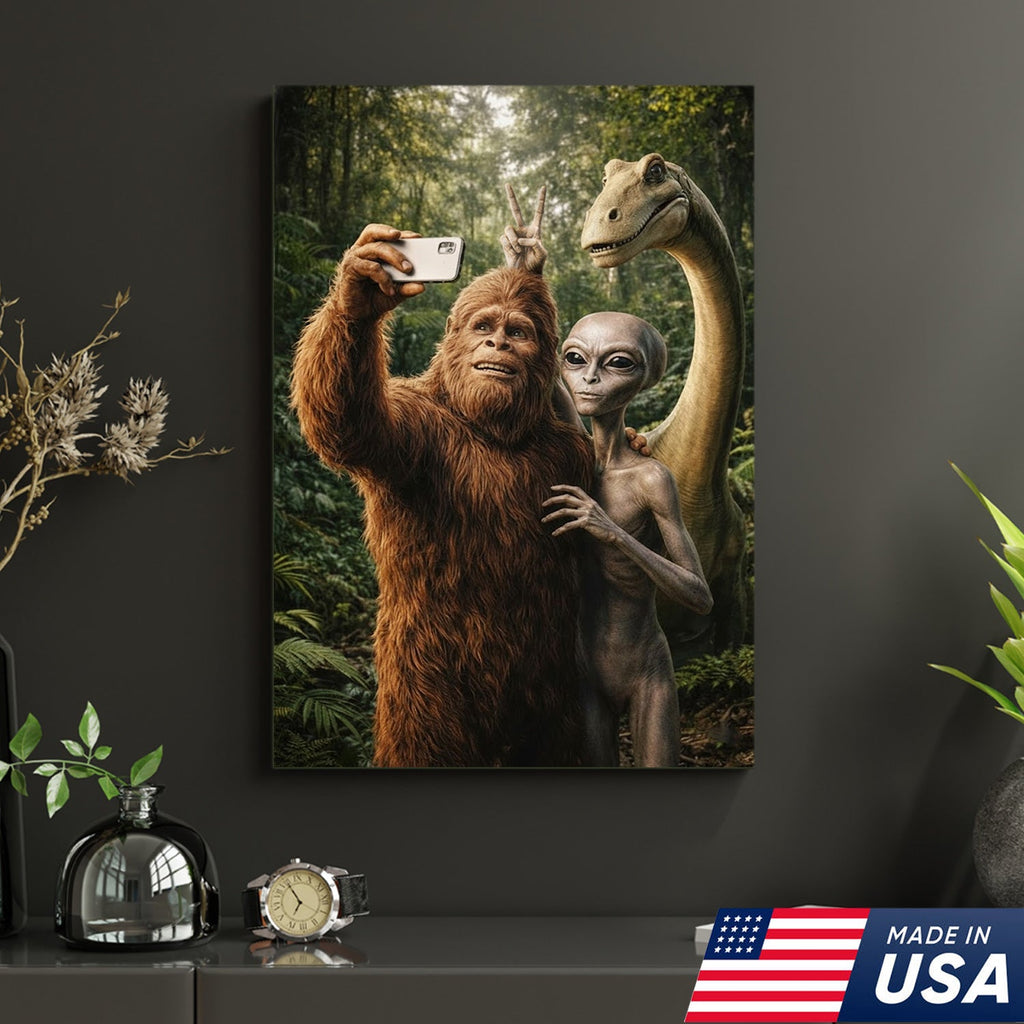 Funny Bigfoot Alien Dinosaur Selfie Canvas Wall Art, Whimsical Fantasy Creature Humor Print