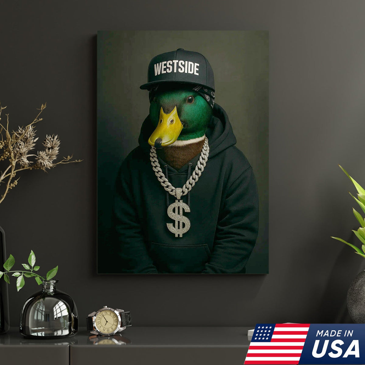 Gangster Duck Canvas Wall Art – Funny Animal Portrait, Hip Hop Duck Decor