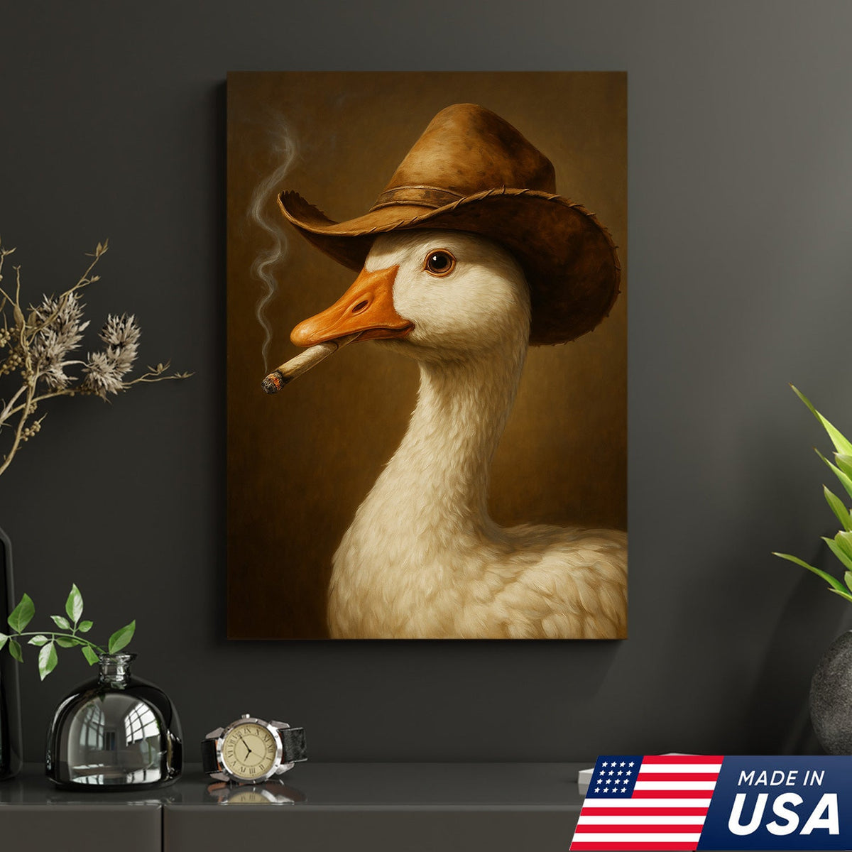 Cowboy Duck Canvas Wall Art – Funny Rustic Decor for Hunters & Man Cave