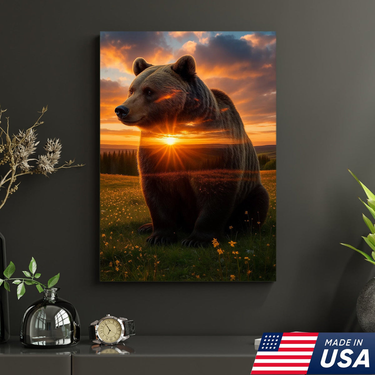 Sunset Bear Canvas Wall Art, Majestic Brown Bear Nature Landscape Print