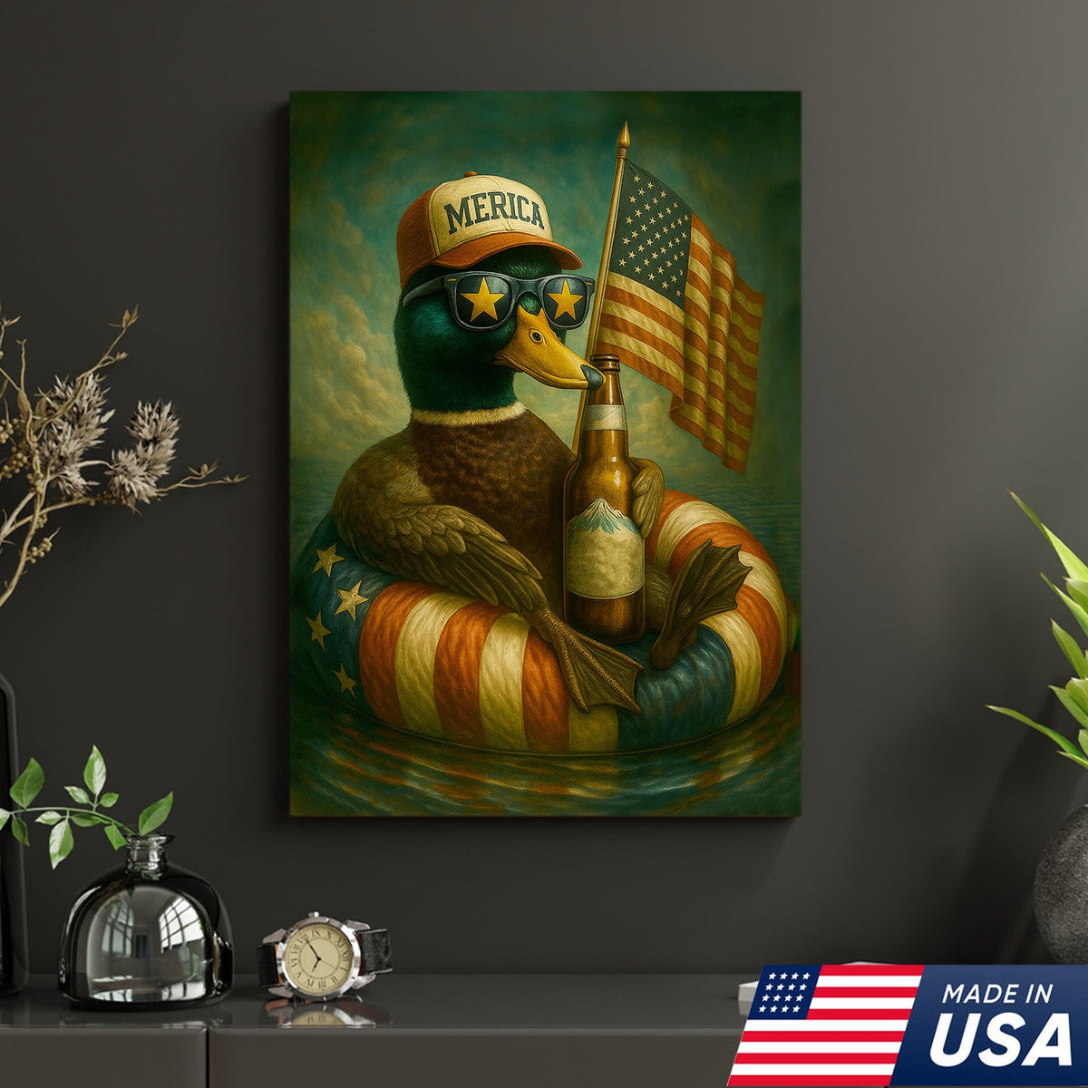 Funny Patriotic Duck Canvas Wall Art – Rustic American Flag Decor Gift for Hunters & Beer Lovers