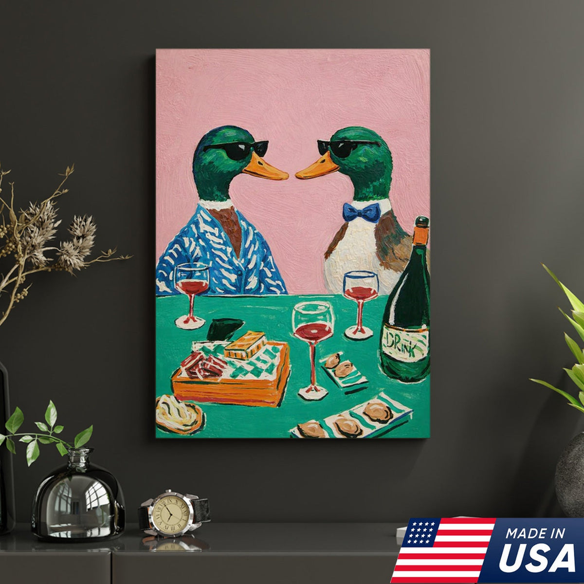 Funny Duck Canvas Wall Art – Classy Ducks Drinking Wine Painting