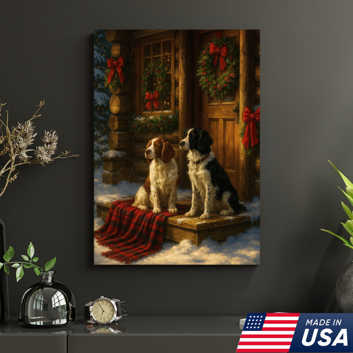 Christmas Dogs Canvas Wall Art, Winter Cabin Decor, Holiday Dog Print