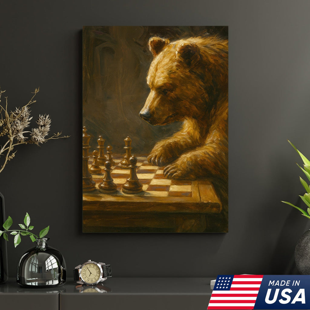 Rustic Bear Playing Chess Canvas Wall Art for Hunting Cabin or Lodge Decor, Wildlife Gift Idea
