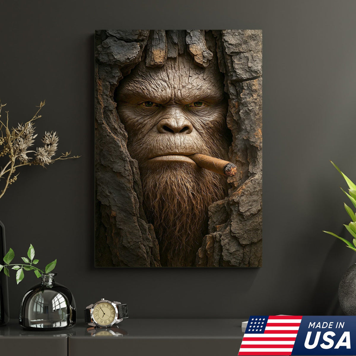 Bigfoot in the Woods Canvas Wall Art, Funny Sasquatch Portrait Artwork, Rustic Cabin Decor for Men