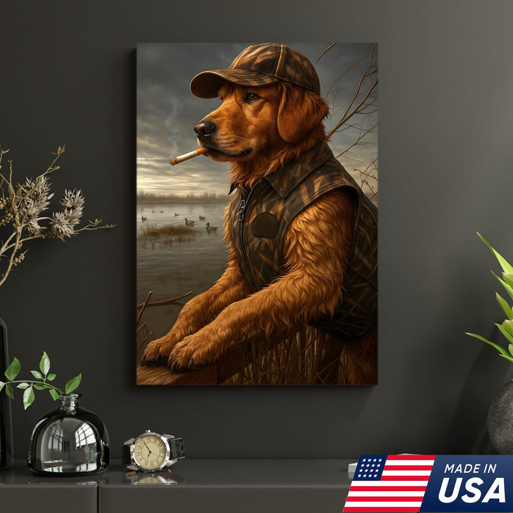 Golden Retriever Hunting Dog Canvas Wall Art, Duck Hunter Lab in Camo Vest