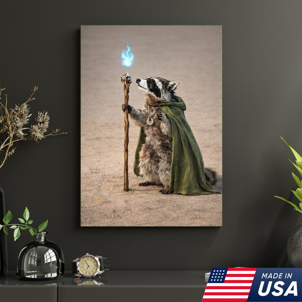 Wizard Raccoon Wall Art Canvas Print, Fantasy Animal Magic Illustration