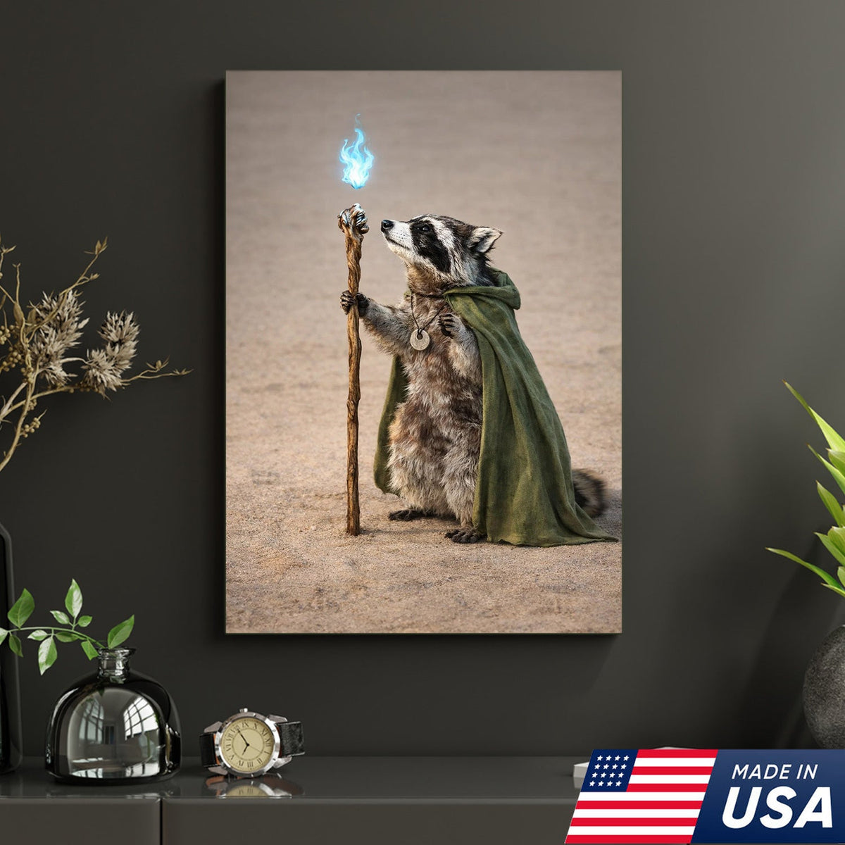 Wizard Raccoon Wall Art Canvas Print, Fantasy Animal Magic Illustration