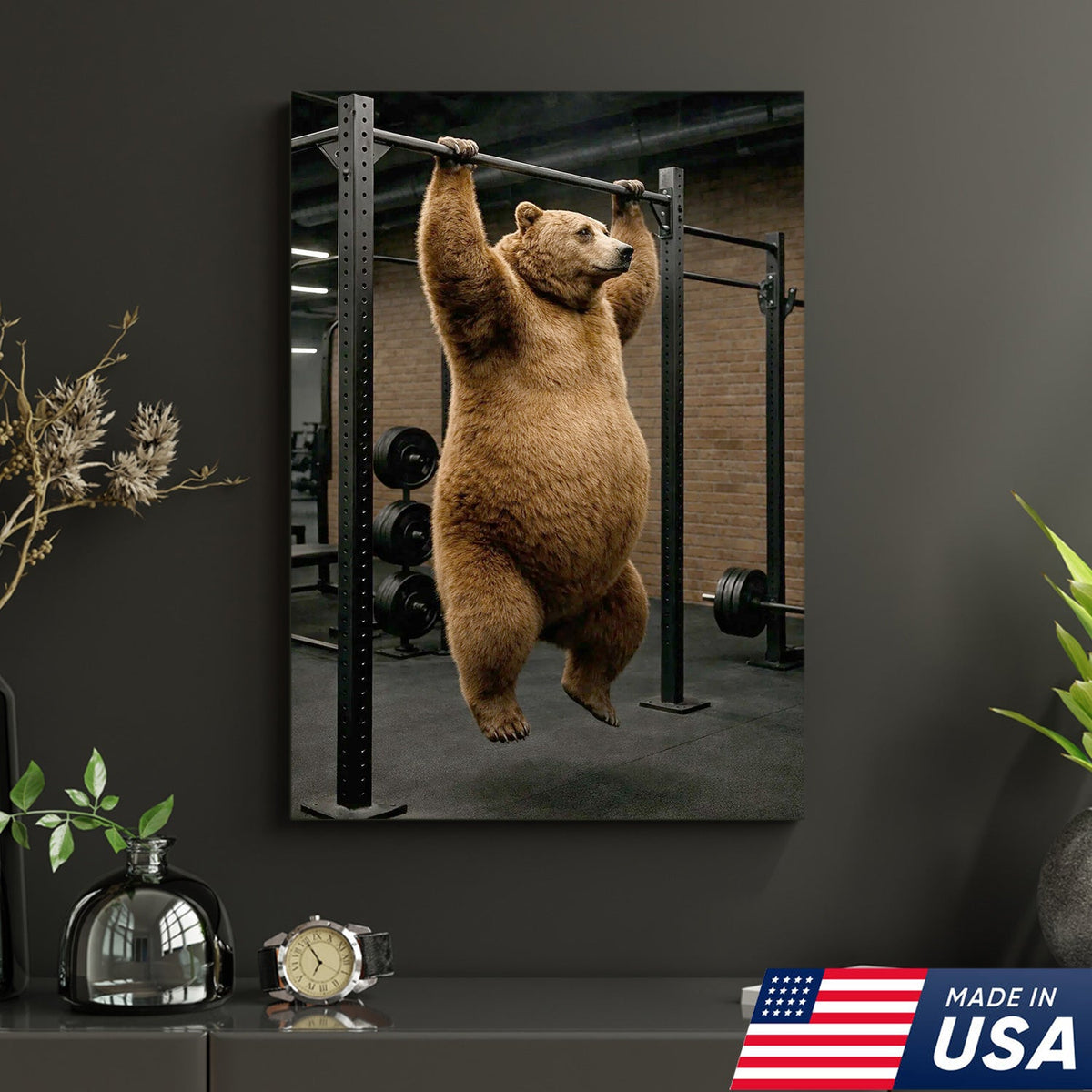 Strong Bear Gym Canvas Wall Art – Realistic Animal Workout Print