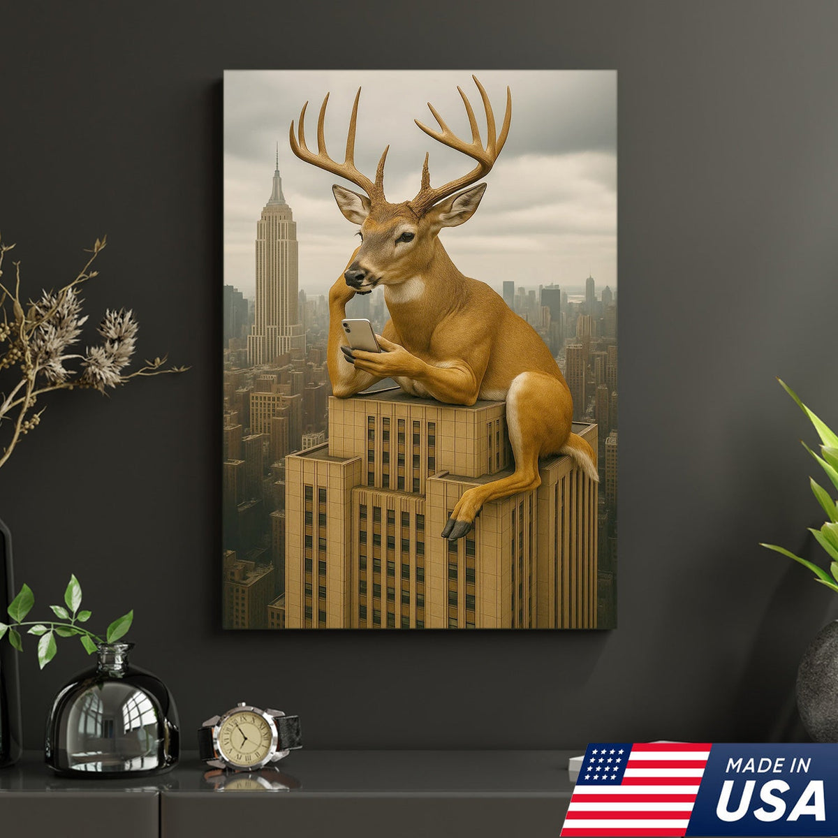 Funny Deer City Canvas Wall Art — Whitetail Buck on Skyscraper Using Phone, Surreal Urban Wildlife Artwork