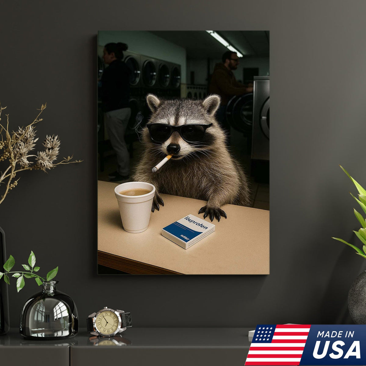 Cool Raccoon Laundromat Canvas Wall Art, Funny Coffee Drinking Raccoon Print