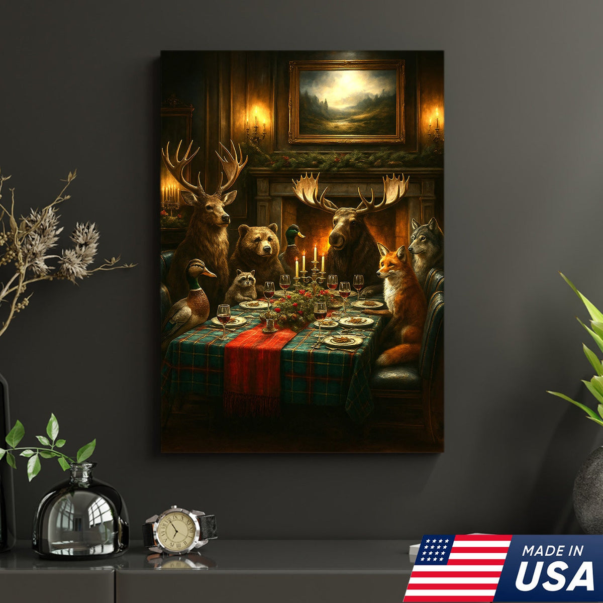 Rustic Wildlife Dinner Scene Wall Art Canvas – Forest Animal Gathering Decor