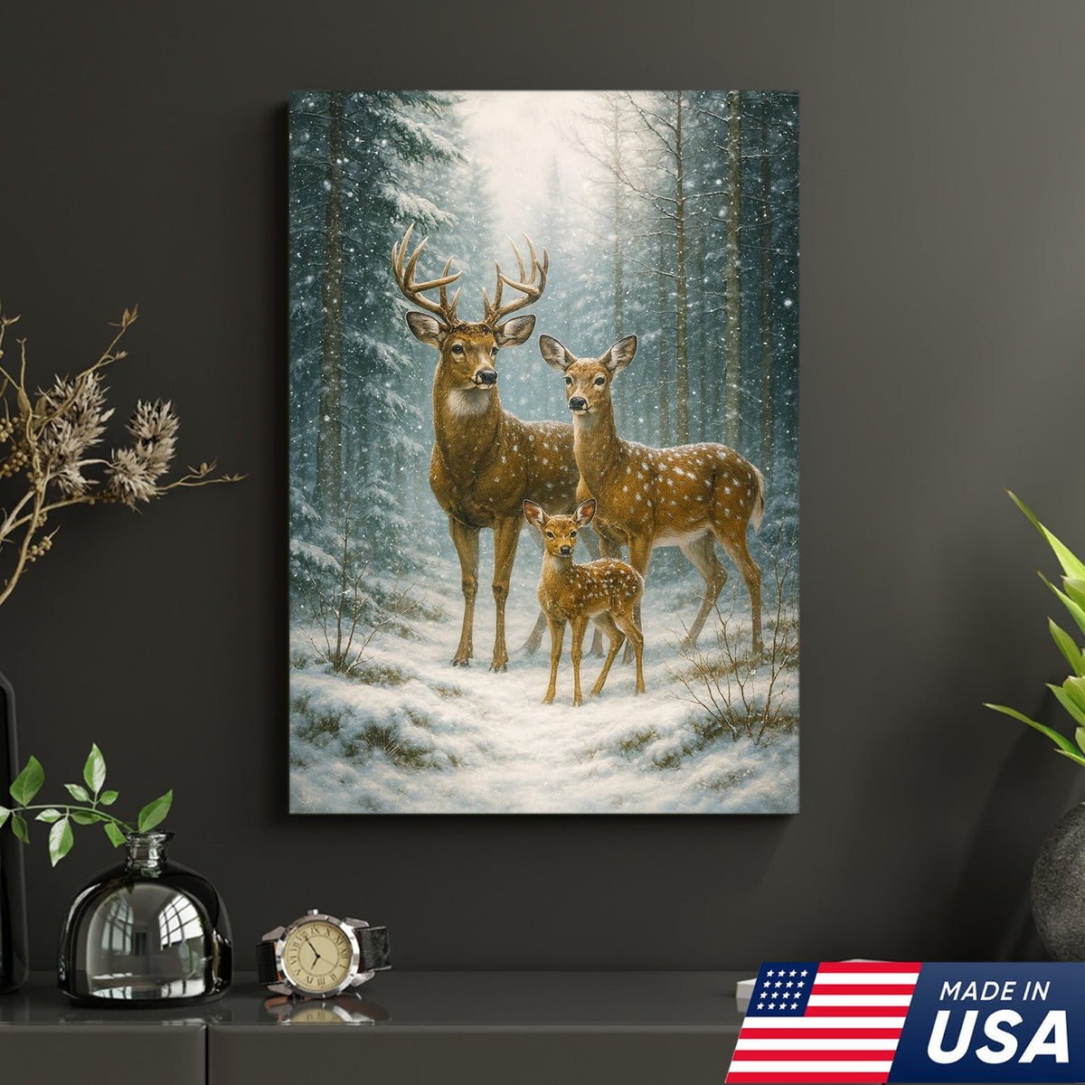 Deer Family Winter Forest Wall Art Canvas – Christmas Wildlife Gift for Nature Lovers & Cabin Homes