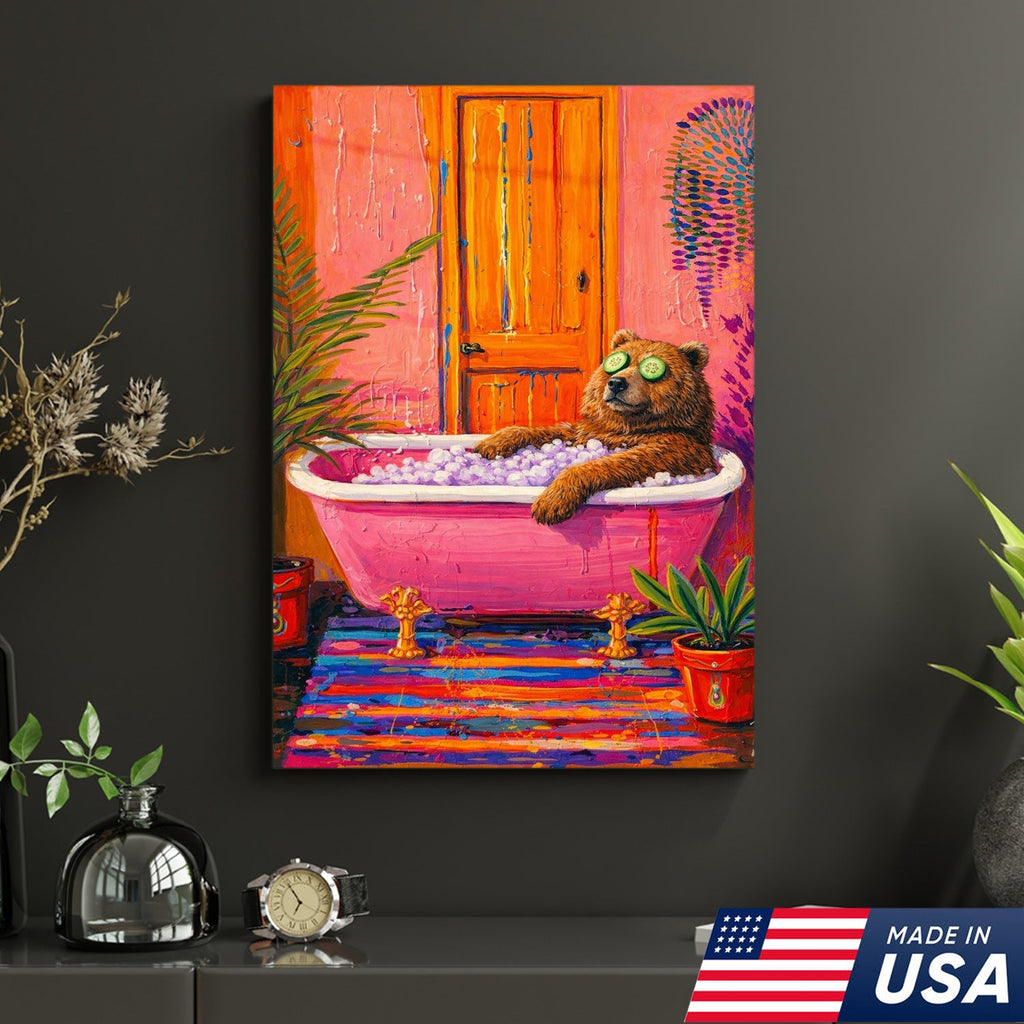 Funny Bear Bath Canvas Wall Art – Colorful Animal Bathroom Decor