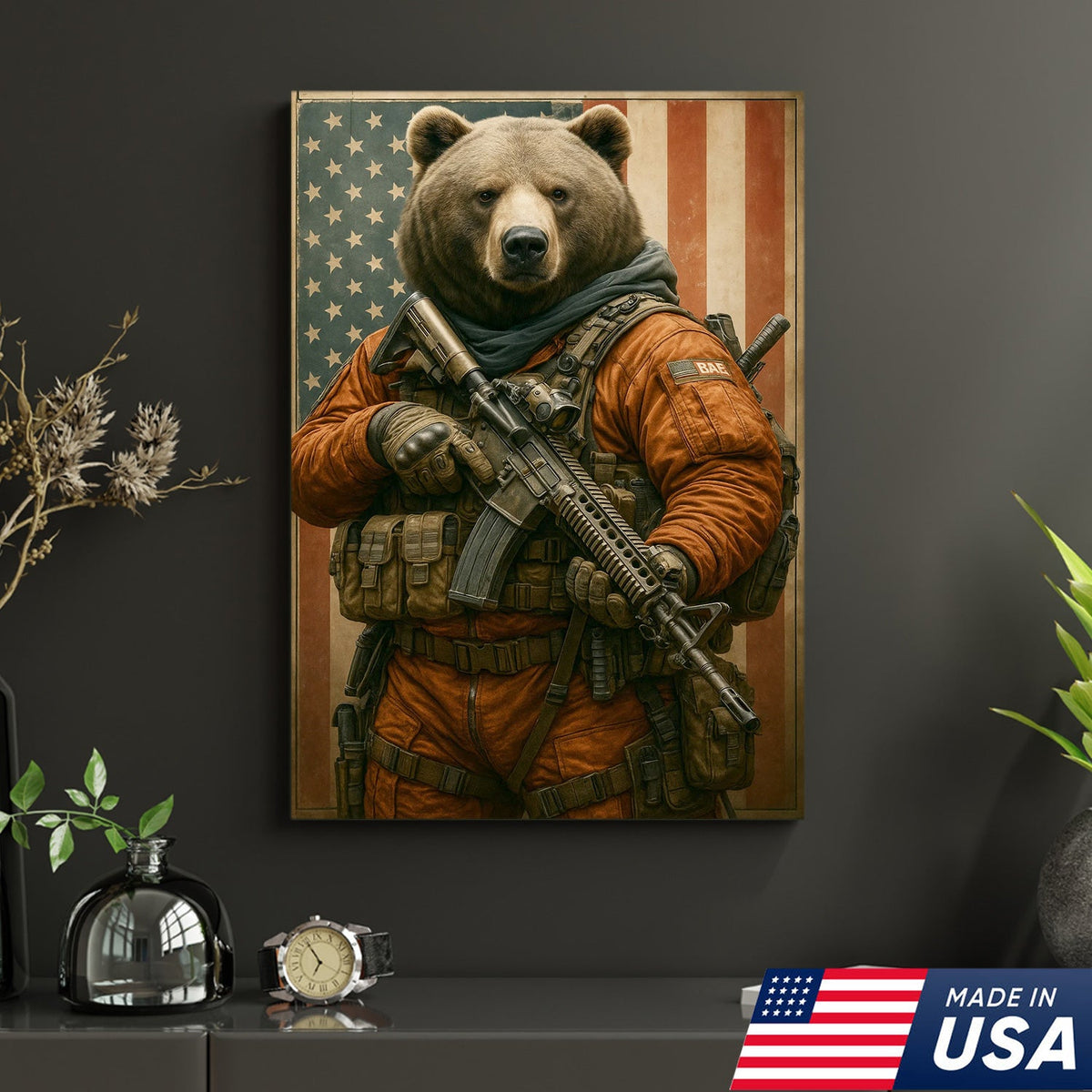 Patriotic Bear Soldier Wall Art Canvas, Tactical Military Animal with American Flag