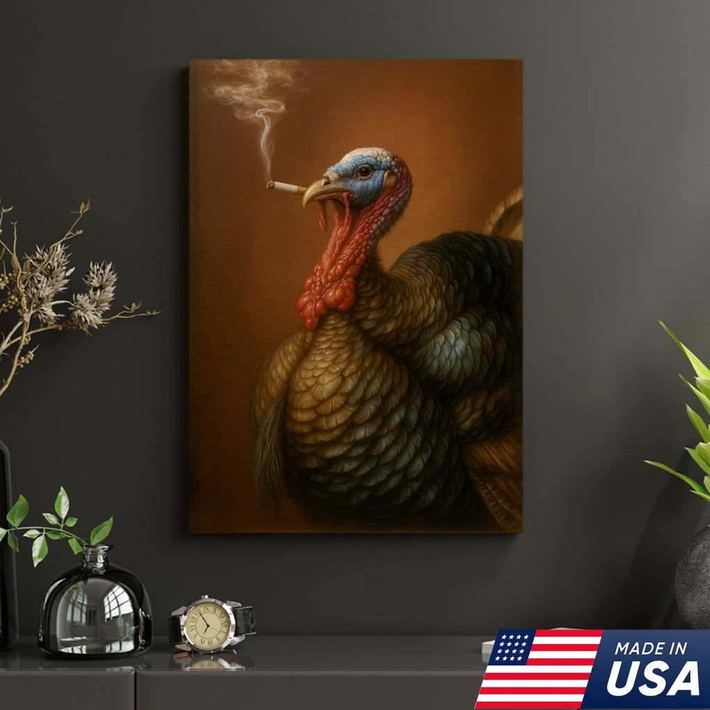 Funny Turkey Smoking Canvas Wall Art – Rustic Farmhouse Gift for Hunters & Wildlife Lovers
