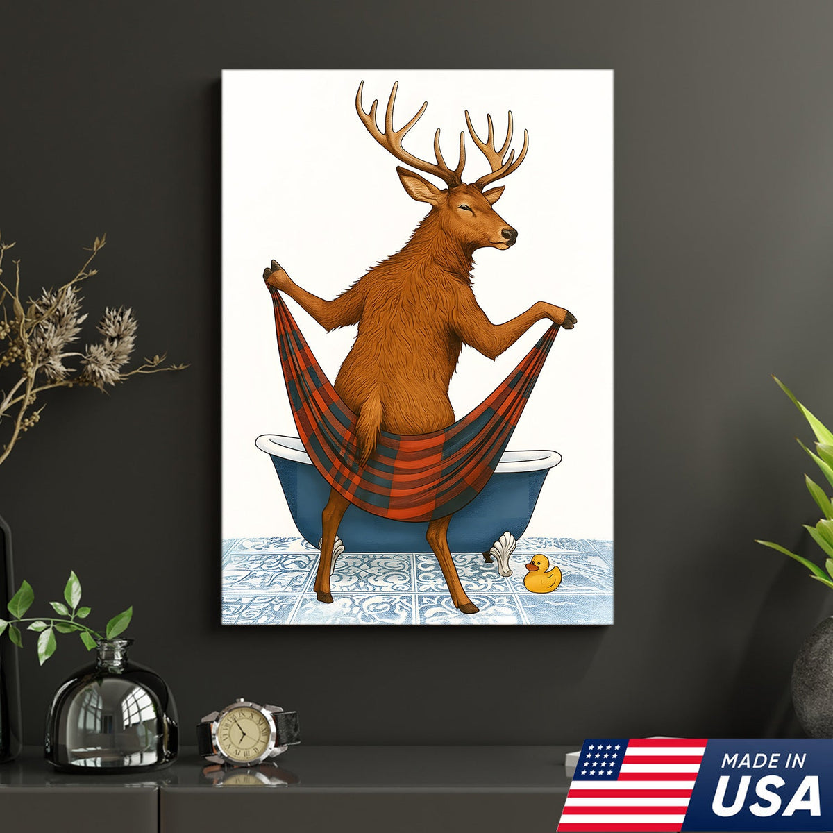 Funny Deer Bathroom Canvas Art – Unique Gift for Hunters, Rustic Cabin & Wildlife Lovers