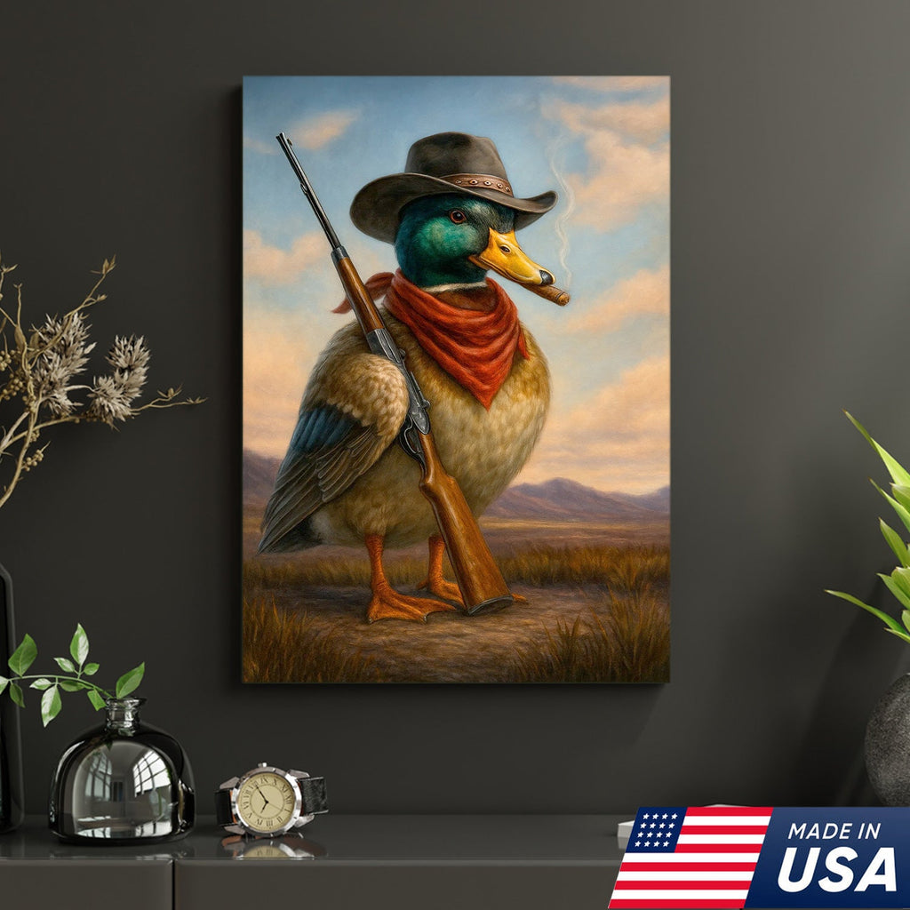Cowboy Duck with Rifle Canvas Wall Art, Funny Western Hunter Decor for Lodge or Cabin