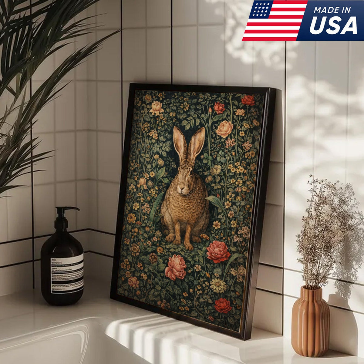 Woodland Floral Animals Triptych Canvas Wall Art Set, Vintage Botanical Rabbit Fox Owl Prints