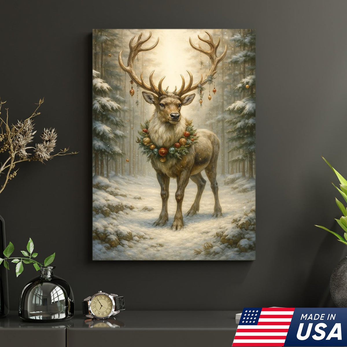 Christmas Reindeer Canvas Wall Art, Majestic Deer with Ornament Wreath in Snowy Forest