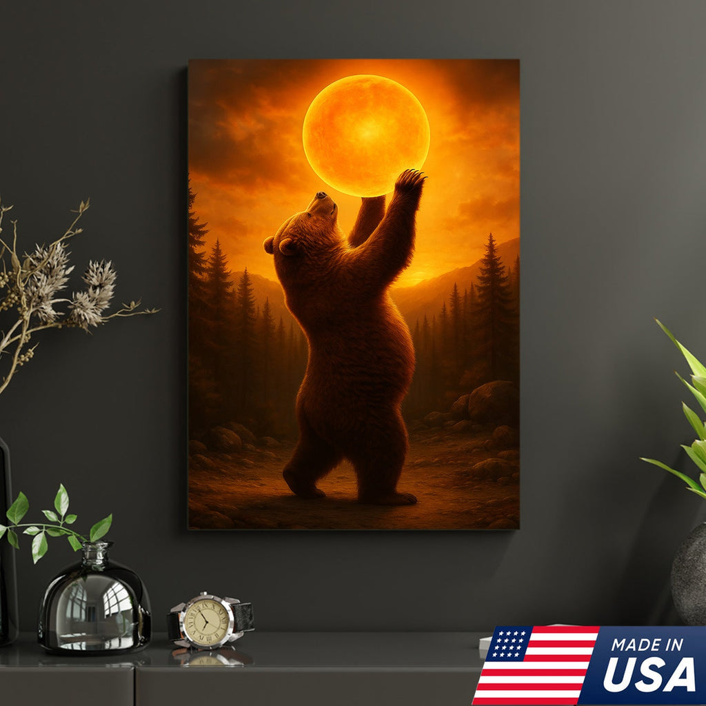 Bear Holding the Sun Canvas Art – Sunset Wilderness Wall Decor for Cabin & Home