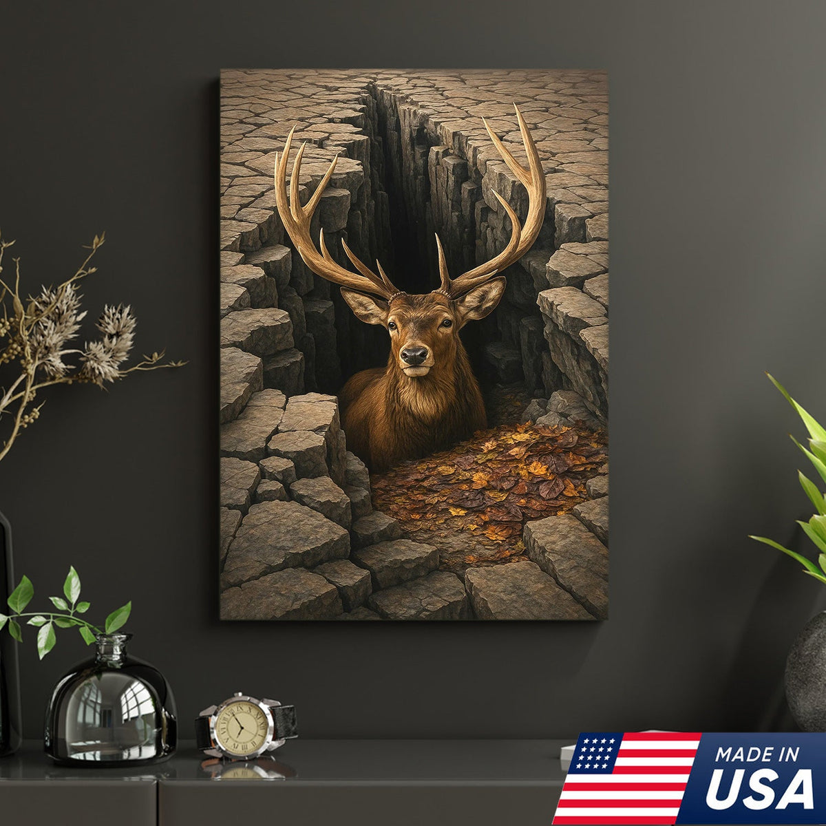 Epic Deer Canvas Art – Majestic Buck Emerging from Cracked Earth