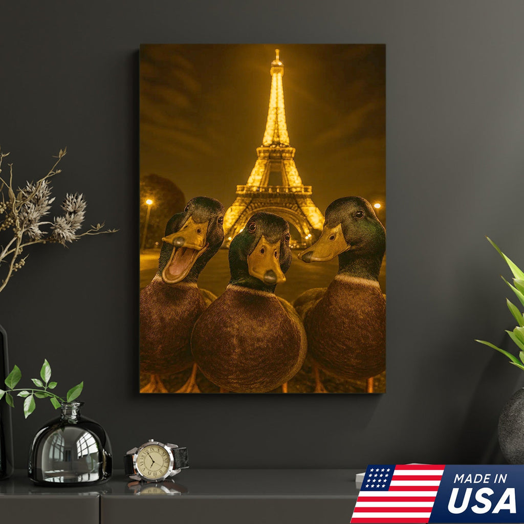 Paris Duck Selfie Canvas – Funny Three Ducks at Eiffel Tower, Hilarious Travel-Themed Wall Art