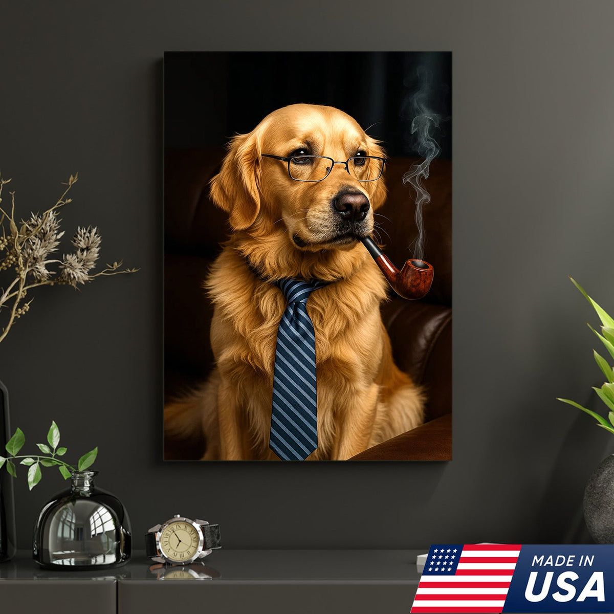 Gentleman Dog Canvas Art – Golden Retriever in Glasses & Tie with Pipe