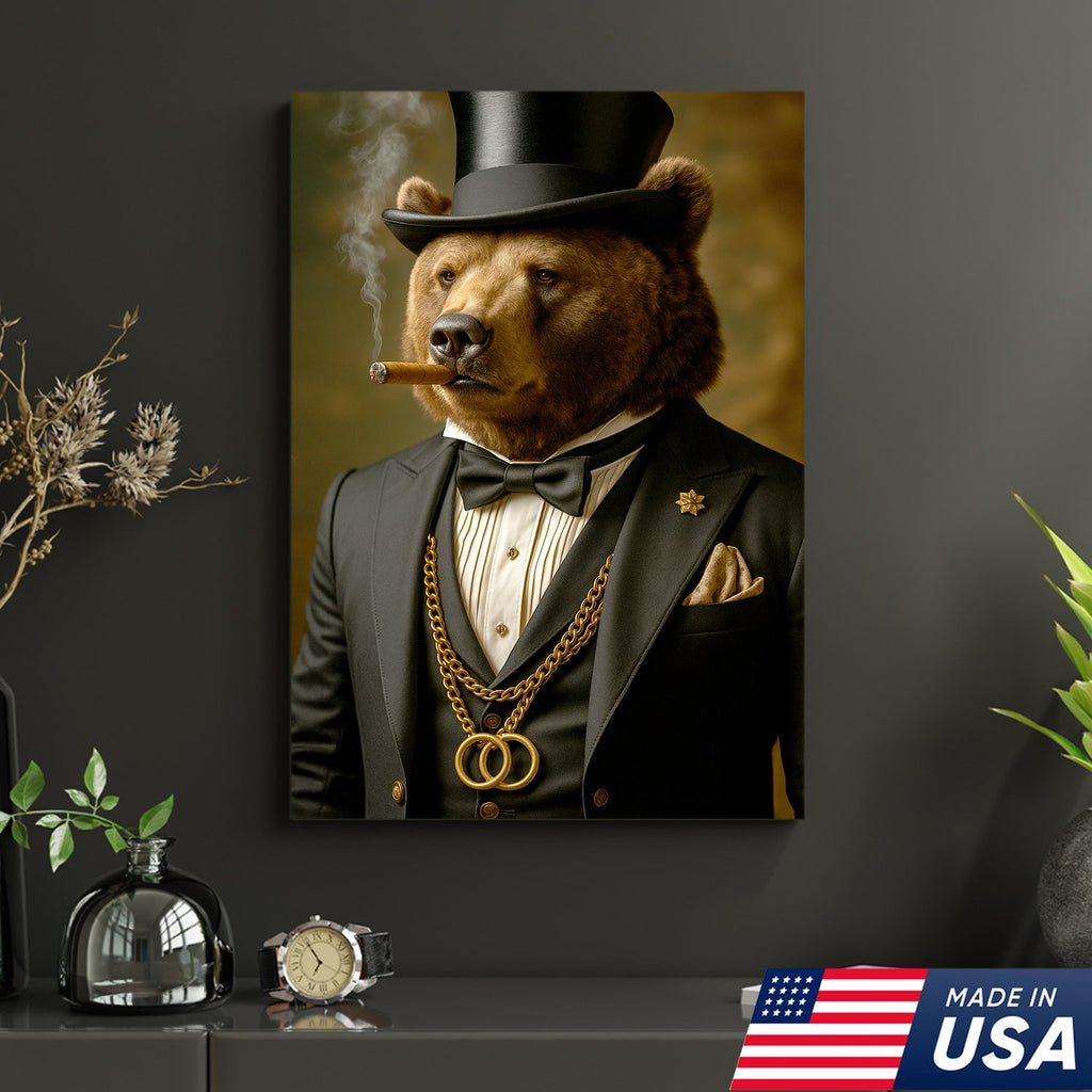 Bear Gentleman Wall Art Canvas – Fancy Suit & Cigar Canvas Print for Home Bar, Man Cave Decor