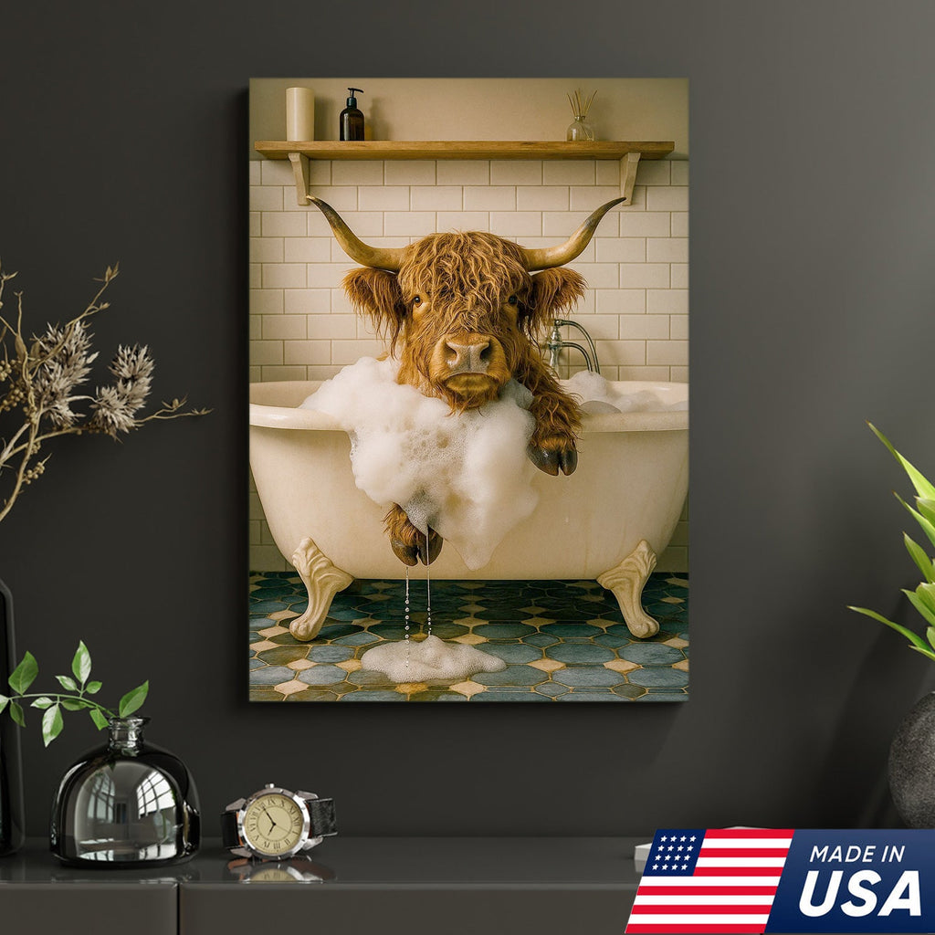 Highland Cow Bubble Bath Canvas Wall Art, Funny Farmhouse Bathroom Decor