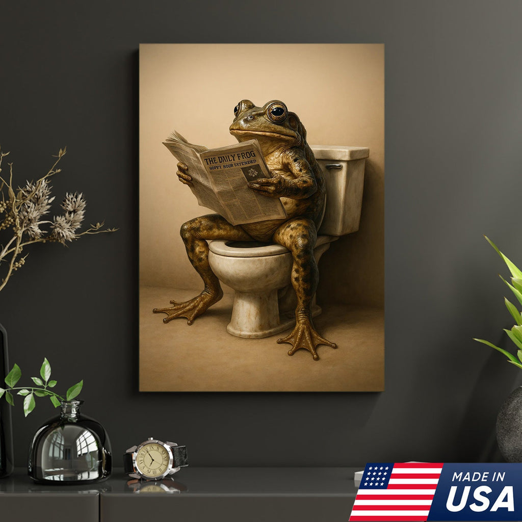 Funny Frog Bathroom Canvas Wall Art, Frog Reading Newspaper on Toilet