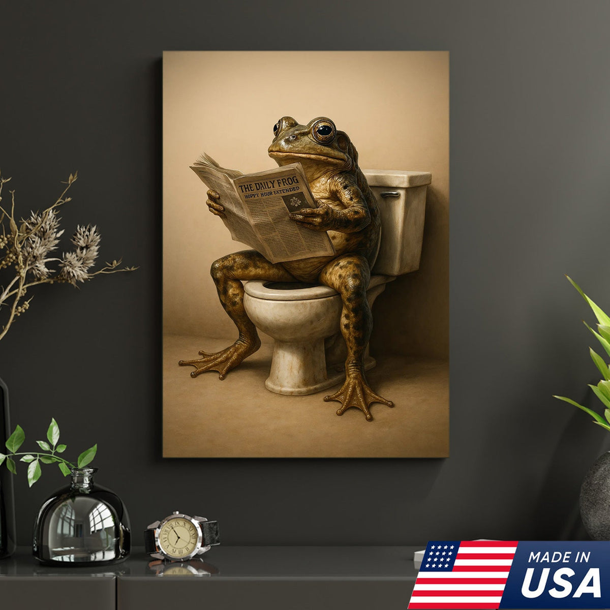 Funny Frog Bathroom Canvas Wall Art, Frog Reading Newspaper on Toilet
