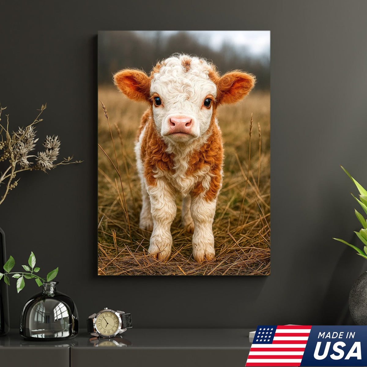 Cute Highland Cow Calf Canvas Art – Adorable Baby Cow Portrait