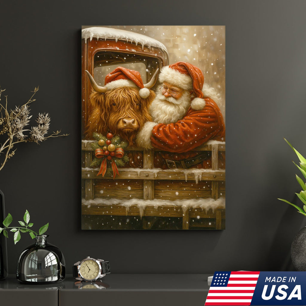 Santa and Highland Cow Christmas Canvas Wall Art, Rustic Farmhouse Holiday Truck Print