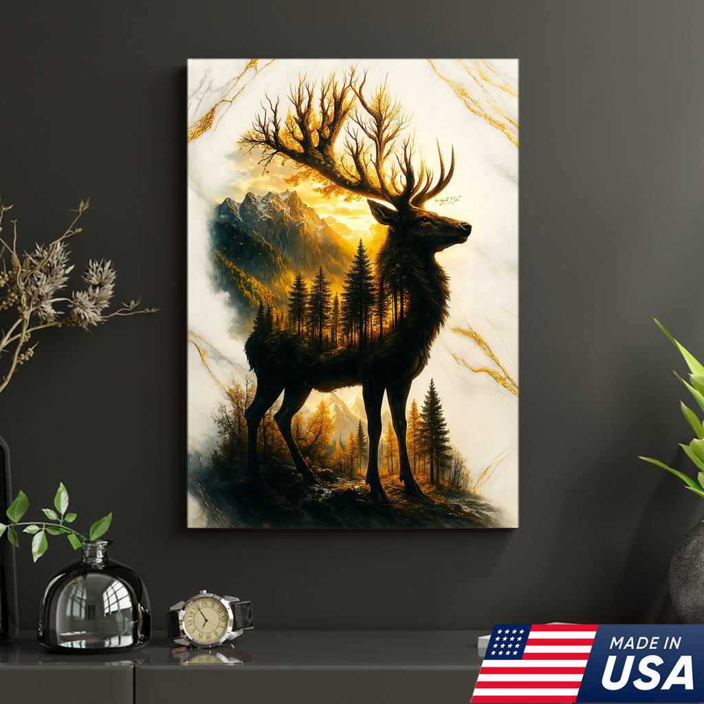 Majestic Deer Canvas Wall Art – Rustic Wildlife Decor, Forest Landscape within Buck Silhouette