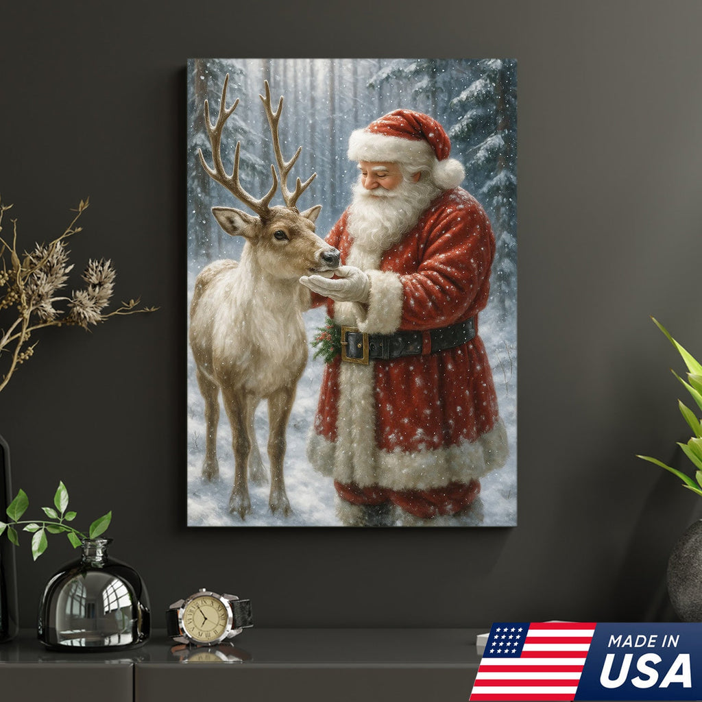Santa and Reindeer Christmas Canvas Wall Art, Rustic Snowy Forest Holiday Print