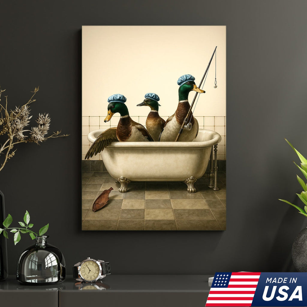 Fishing Ducks Canvas Art – Funny Trio of Ducks in Bathtub with Rod
