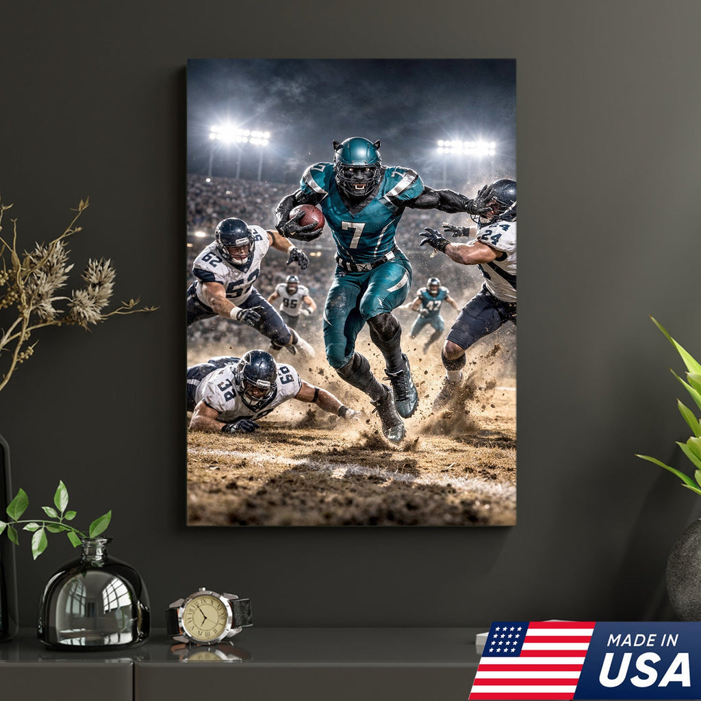 Black Panther Football Canvas Wall Art – Intense Stadium Action Sports Print