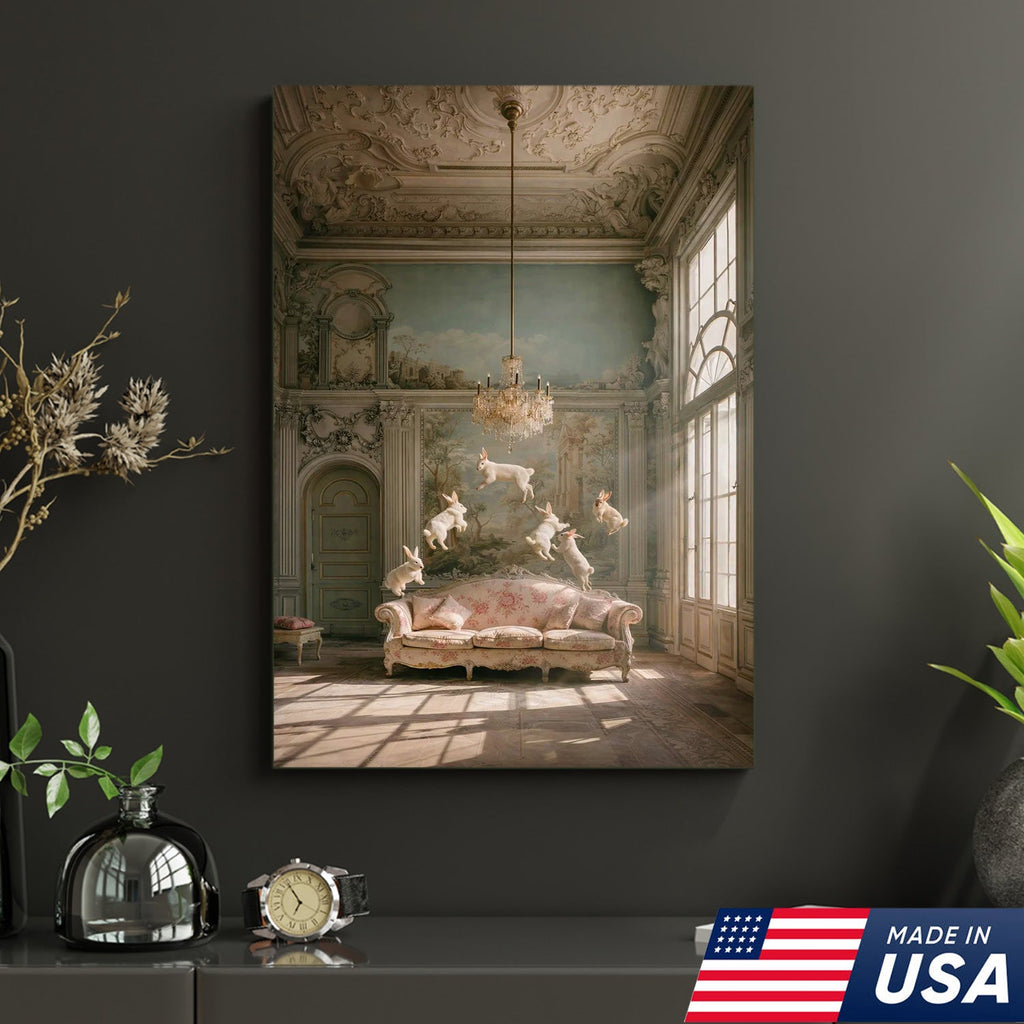 Surreal Floating Rabbits Canvas Wall Art, Dreamy Bunny Dance in Elegant Palace Interior