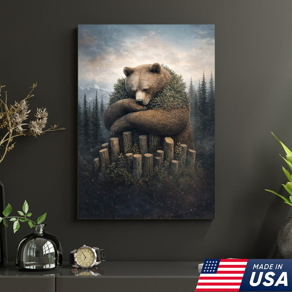 Gentle Bear Forest Canvas Wall Art, Whimsical Nature Bear Illustration