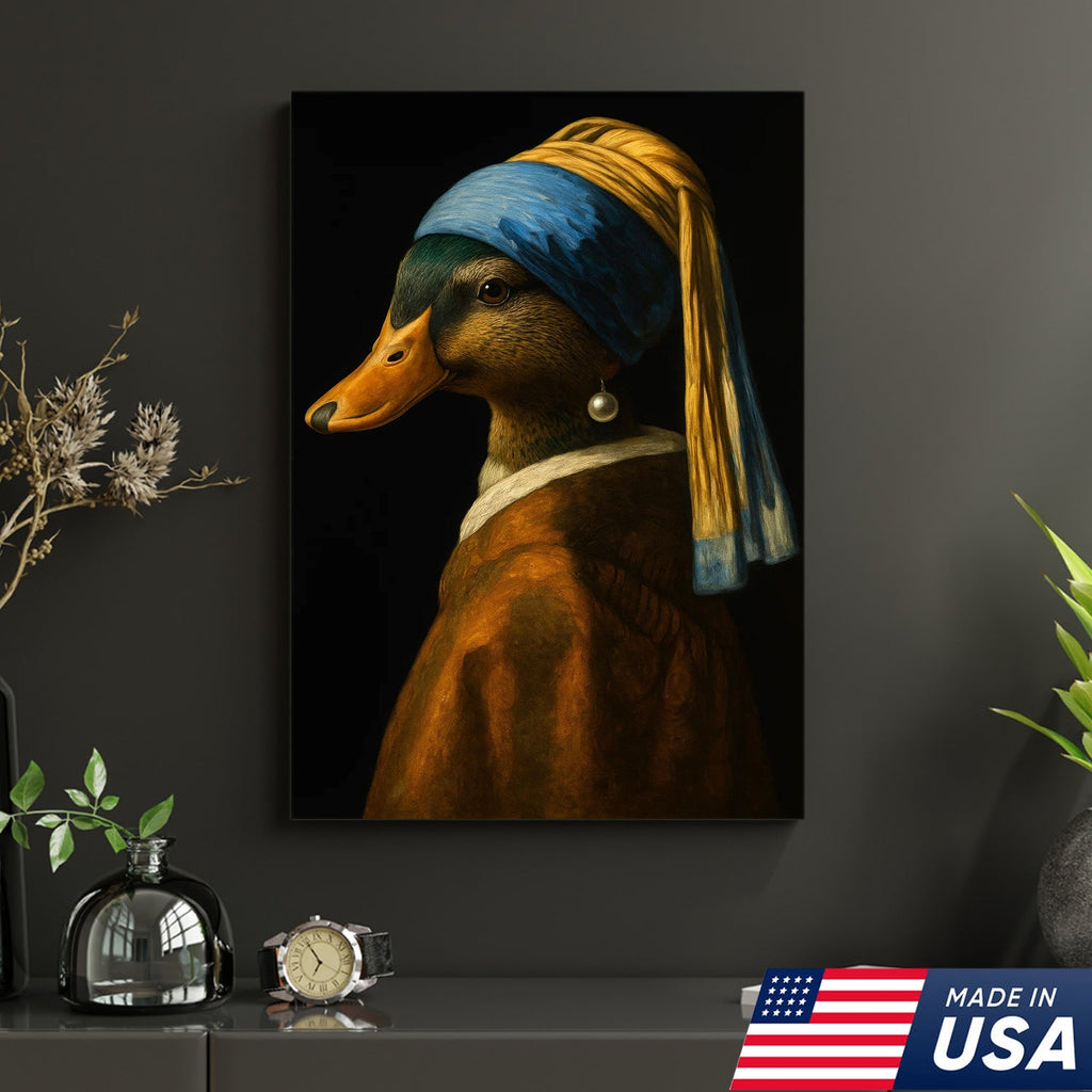 Duck with Pearl Earring Portrait Canvas, Funny Parody Duck Wall Art