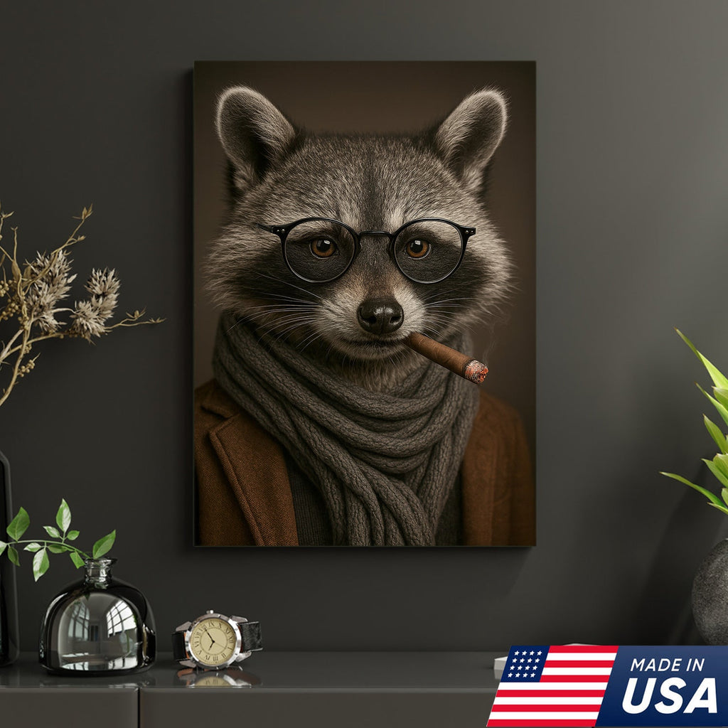Gentleman Raccoon Cigar Wall Art Canvas – Stylish Animal Portrait for Bar